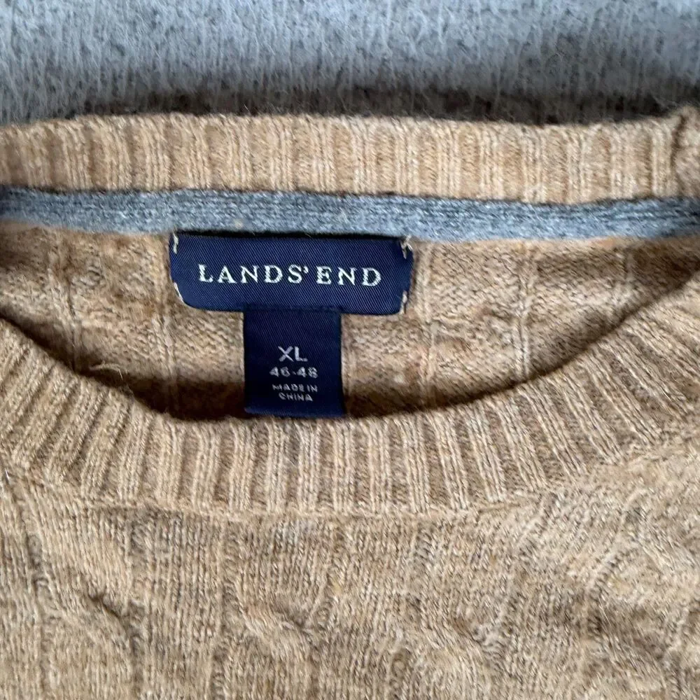 LANDS END Merino Wool Blend Sweater Mens XL Brown Cable Knit Pullover Crewneck
